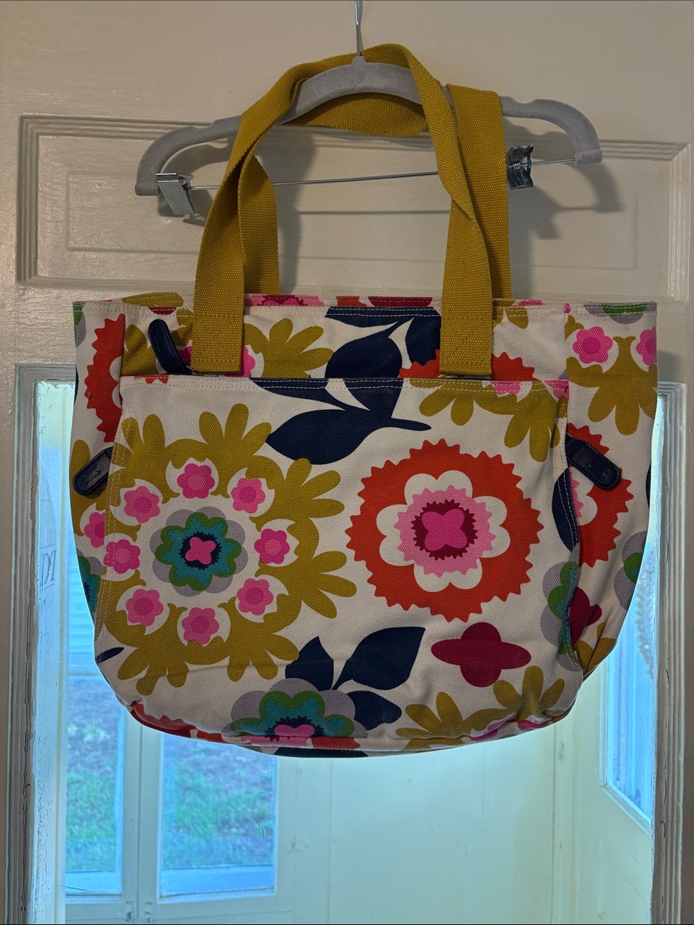 French Bull Floral Canvas Tote Bag with Mustard Handles